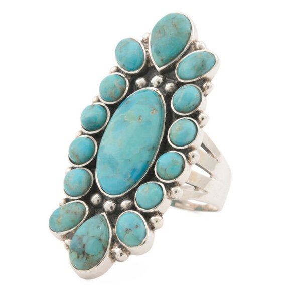SHIVAMIndia Sterling Silver Turquoise Oblong Flower Ring